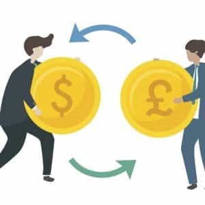 Imagem ilustrativa de duas pessoas efetuando a troca de duas moedas diferentes no mercado de câmbio Imagem ilustrativa de duas pessoas efetuando a troca de duas moedas diferentes no mercado de câmbio